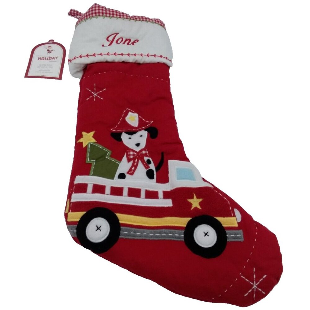 Pottery Barn Kids Jone Christmas Stocking Fire Truck Dog Holiday Quilted Xmas
